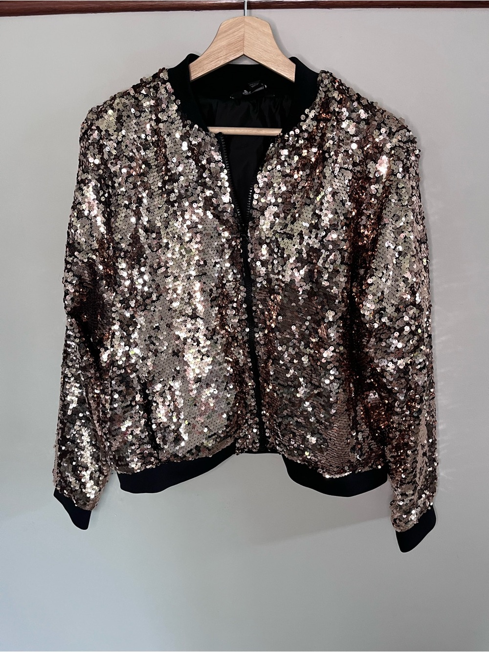 Project Runway Rose Gold Sequin Bomber Jacket XXL Metallic Glam Zip Up Coat